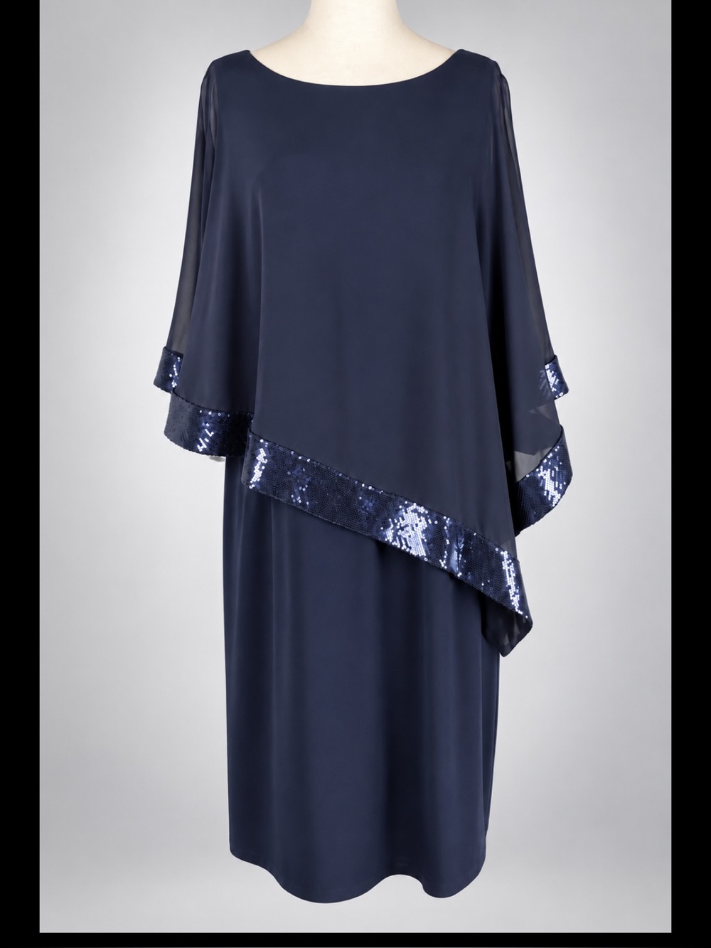 Joseph Ribkoff 18 Navy Sequin Chiffon Cape Overlay Cocktail Dress 154377